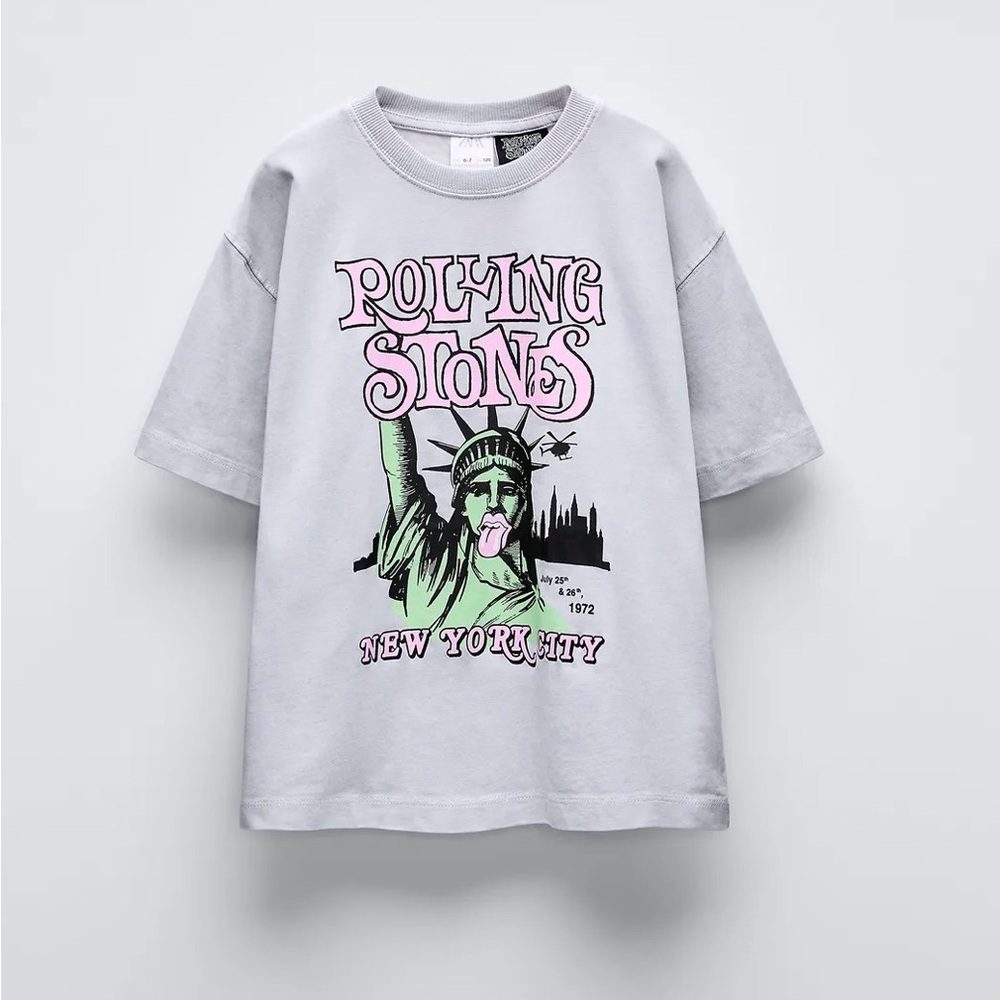 Zara Light Gray Kids T-Shirt with Graphic Print Rolling Stones NY size 8-9